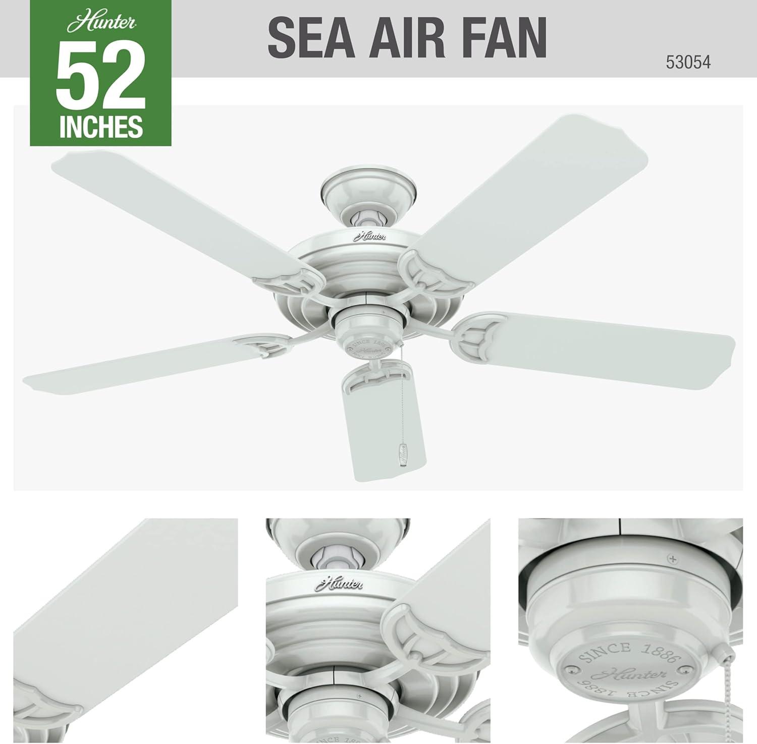 Hunter Indoor / Outdoor Ceiling Fan, with pull chain control - Sea Air 52 inch, White, 53054