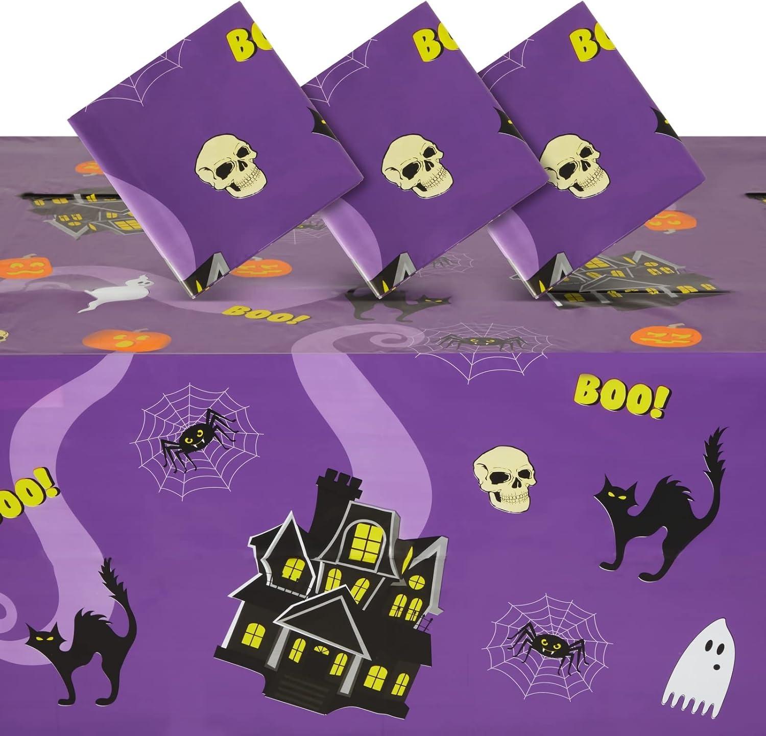 Juvale 3-Pack Halloween Table Cover for Party Supplies, Purple Disposable Plastic Tablecloth Decorations, Halloween Table Decorations for Themed Parties, Birthday Celebrations and More (54 x 108 In)
