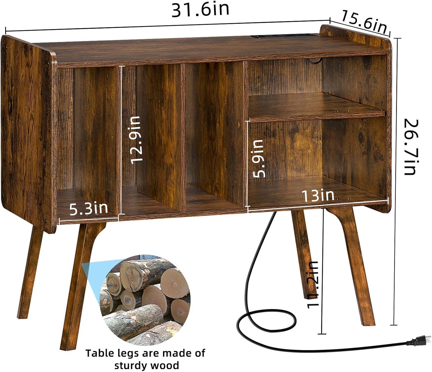 Brown Beech Wood Record Player Stand with Cabinet