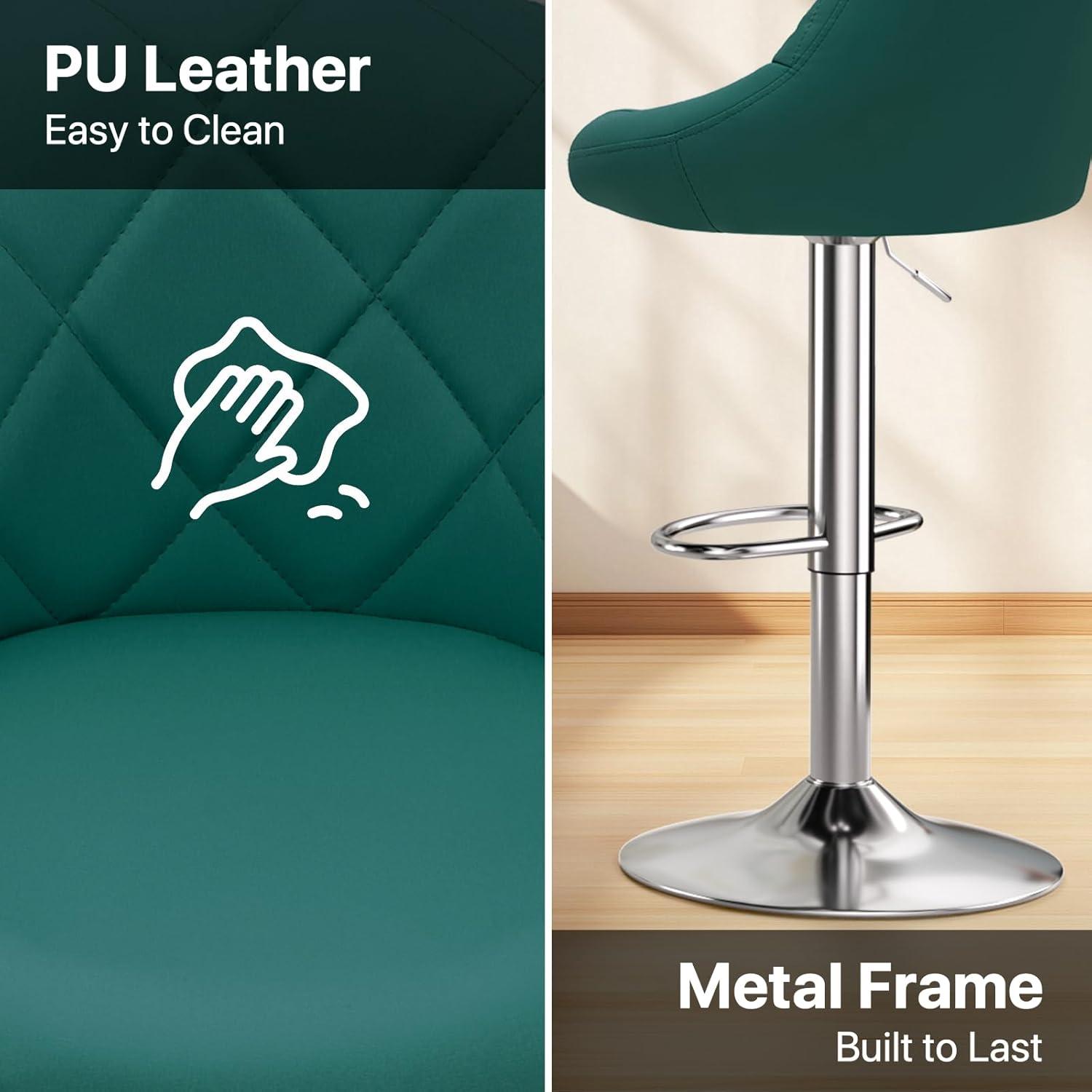 Bar Stools Set of 2, Adjustable Counter Height Swivel Barstools, Modern Dining Chairs Bar Pub High Stool with Back for Kitchen Island, Teal Green