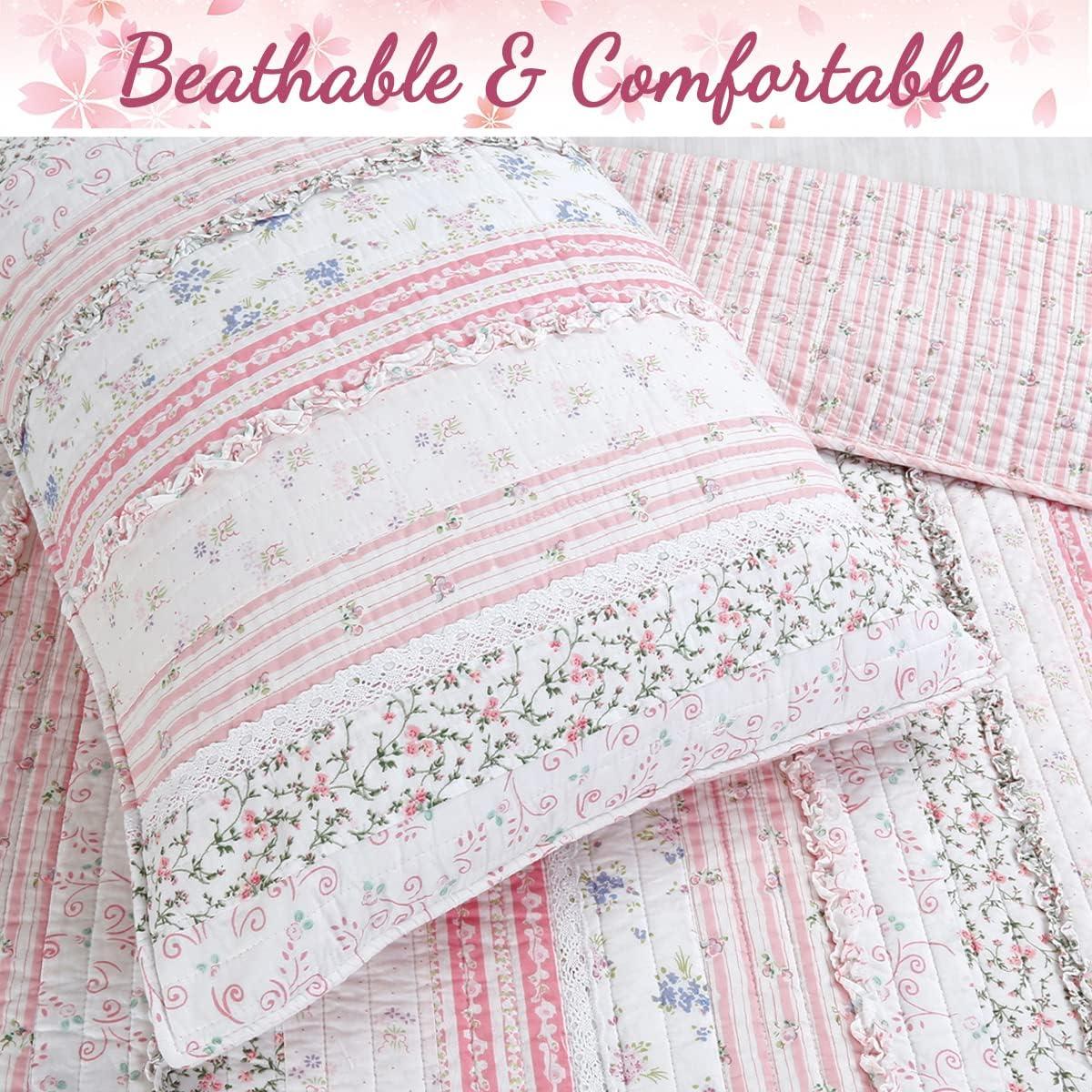 Pink Rose Peonies Ruffle 4-Piece Pink Floral Stripe Cotton Bedding Set with Decor Pillow King Quilt Set