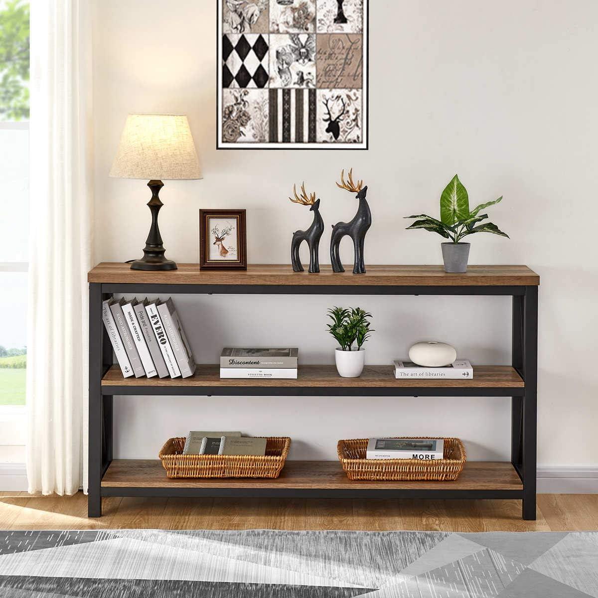 Industrial Rustic Oak Wood and Metal Console Table with Storage