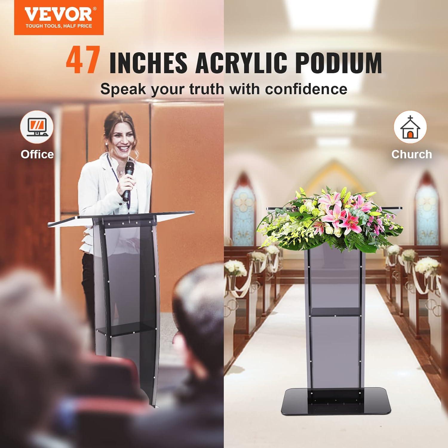 BENTISM Acrylic Podium Acrylic Pulpit 47" Acrylic Podium Stand w/ Wide Reading Surface Storage Shelf Floor-Standing Plexiglass Lectern Stand-Up Podium Conference Lectern for Church Office School Black