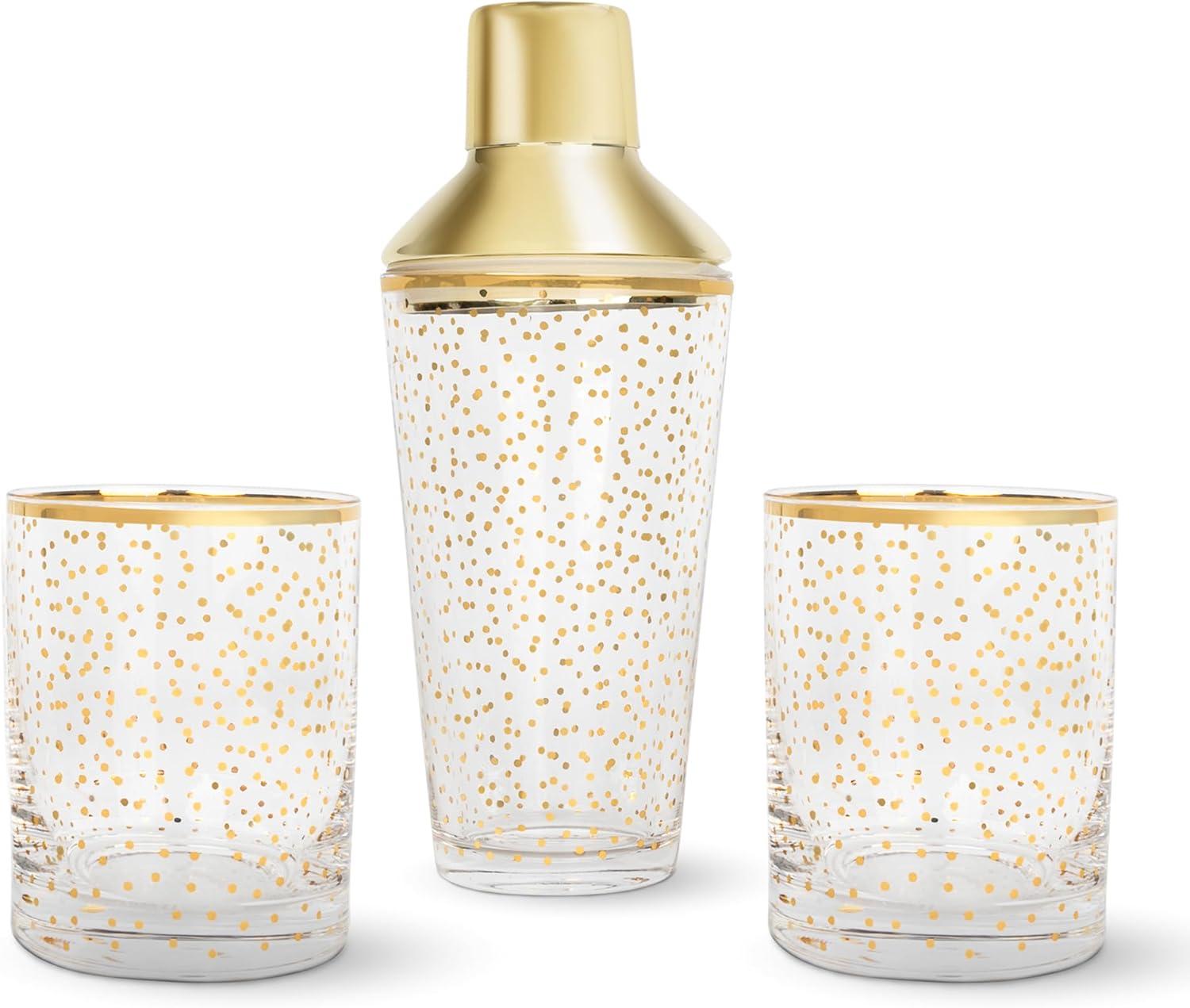 Gold Confetti Glass Cocktail Shaker Set with 2 Glasses