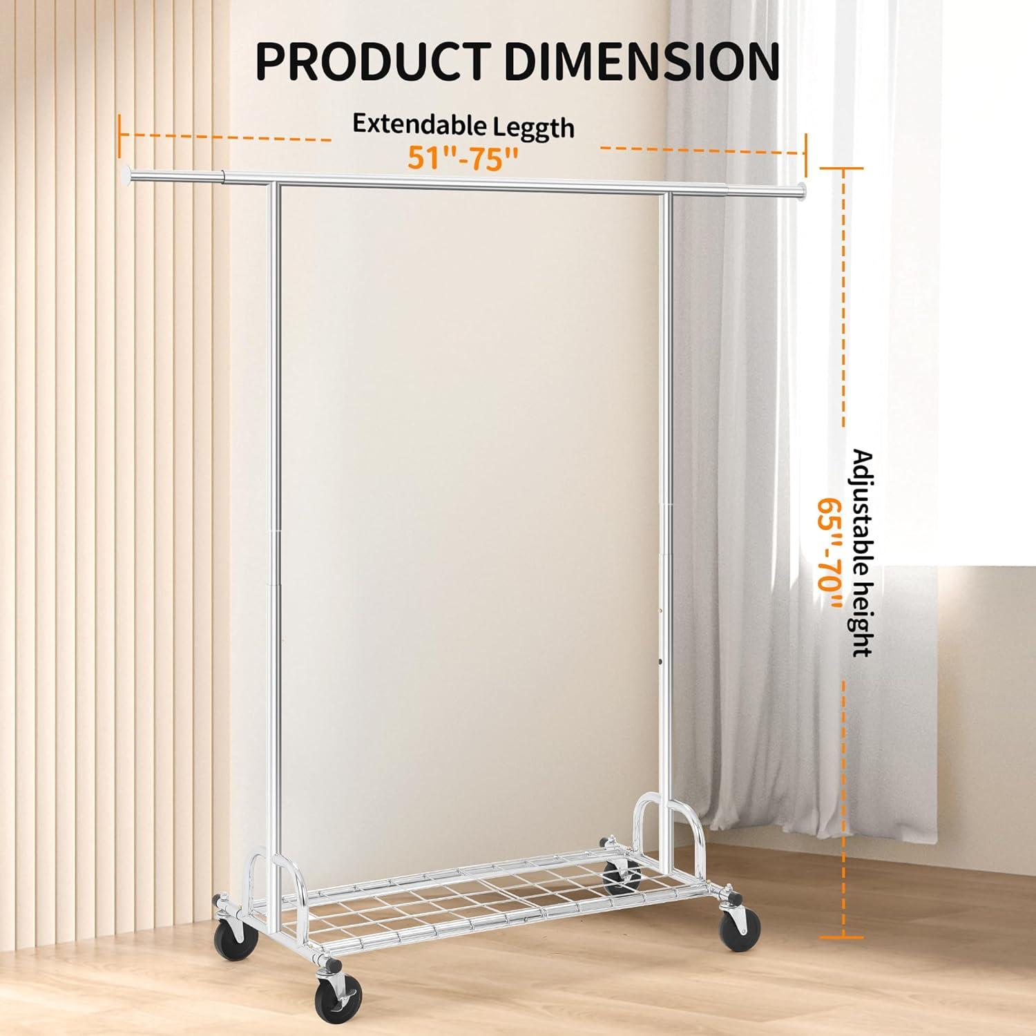 Chrome Heavy Duty Rolling Garment Rack with Shelves