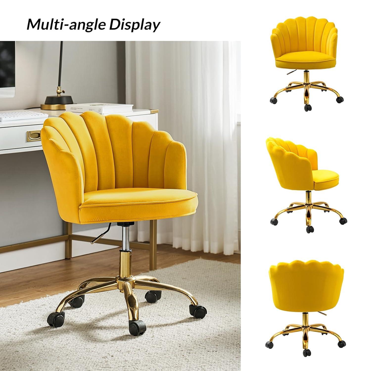 HULALA HOME Velvet Home Office Desk Chair, Modern Shell Back Makeup Vanity Chair with Wheels, Swivel Height Adjustable Cute Task Chair for Women Girls, Yellow