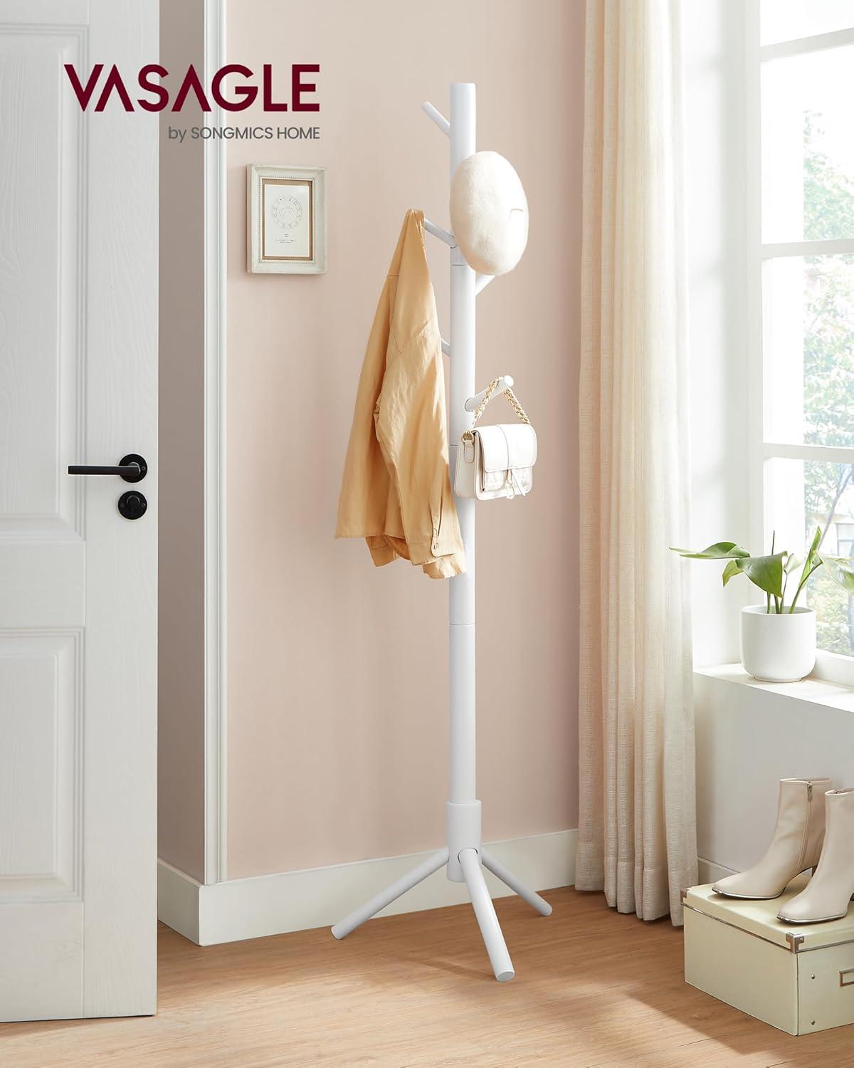 White Solid Wood Freestanding Coat Rack with 8 Hooks