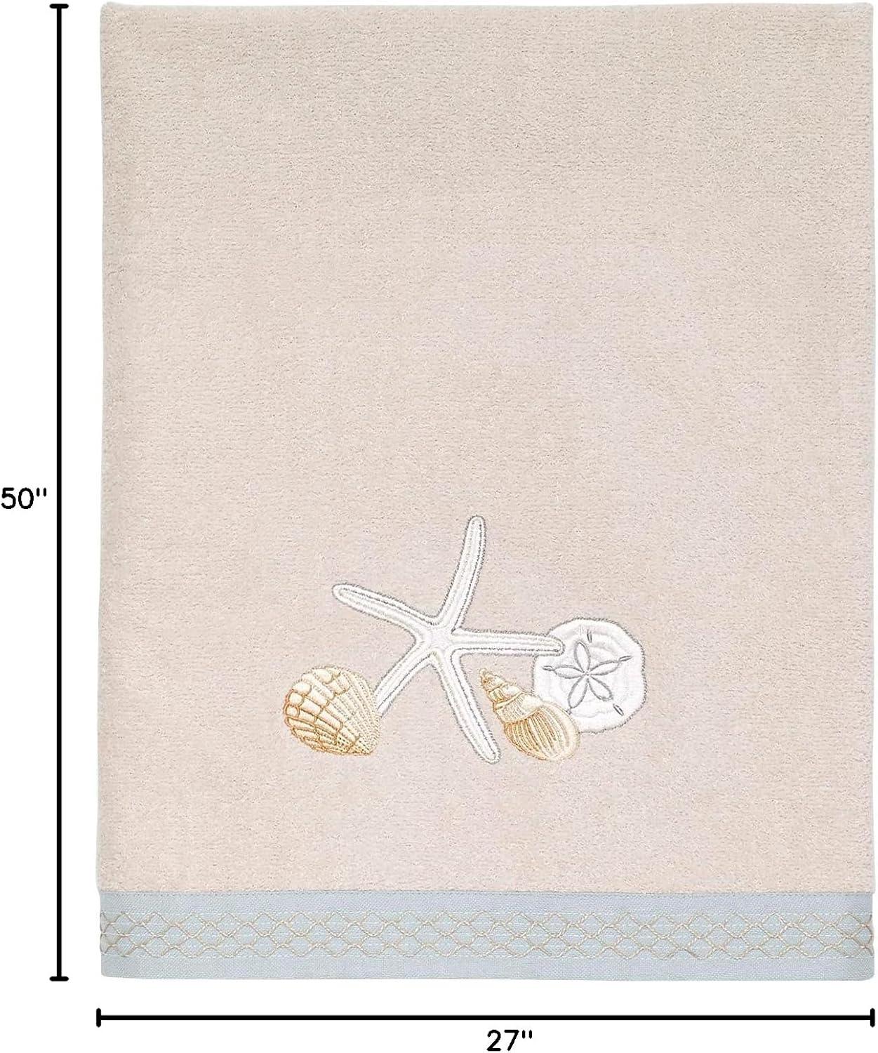 Beige Cotton Bath Towel with Embroidered Seashells and Starfish