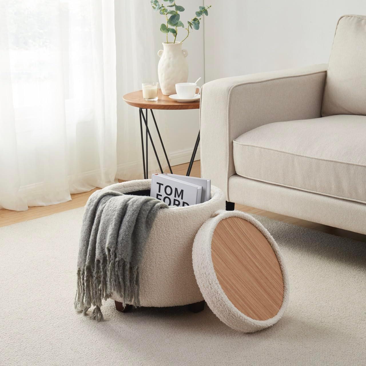 Ornavo Home Lawrence Round Storage Ottoman with Table Top Lid - Linen Beige