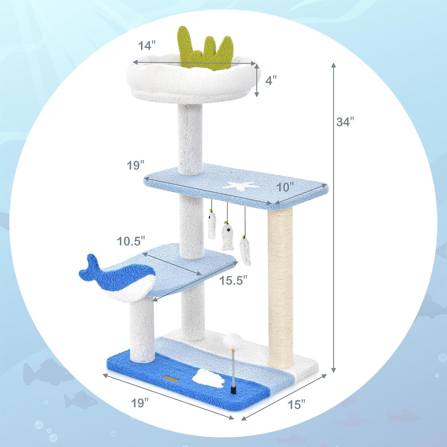 Kadyn Cat Tree for Large Cat, Cat Tower Heavy Duty, Extra Tall Cat Condo, 3-level Cat Tower with Sisal Covered Scratching Posts-Blue