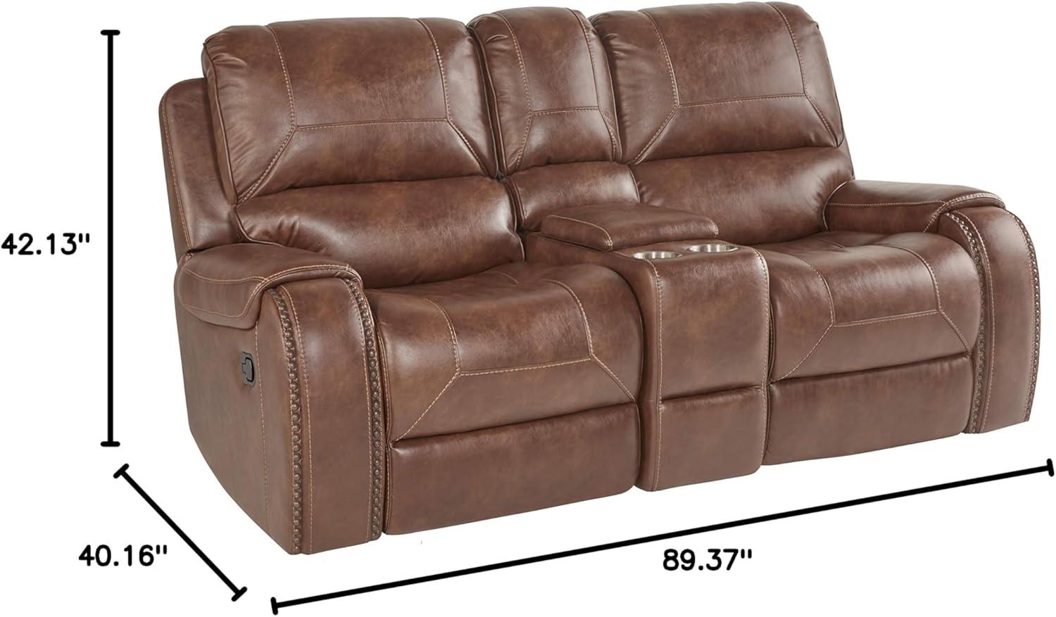 Brown Leather-Air Nailhead Manual Reclining Sofa and Loveseat with Storage Console and USB Port