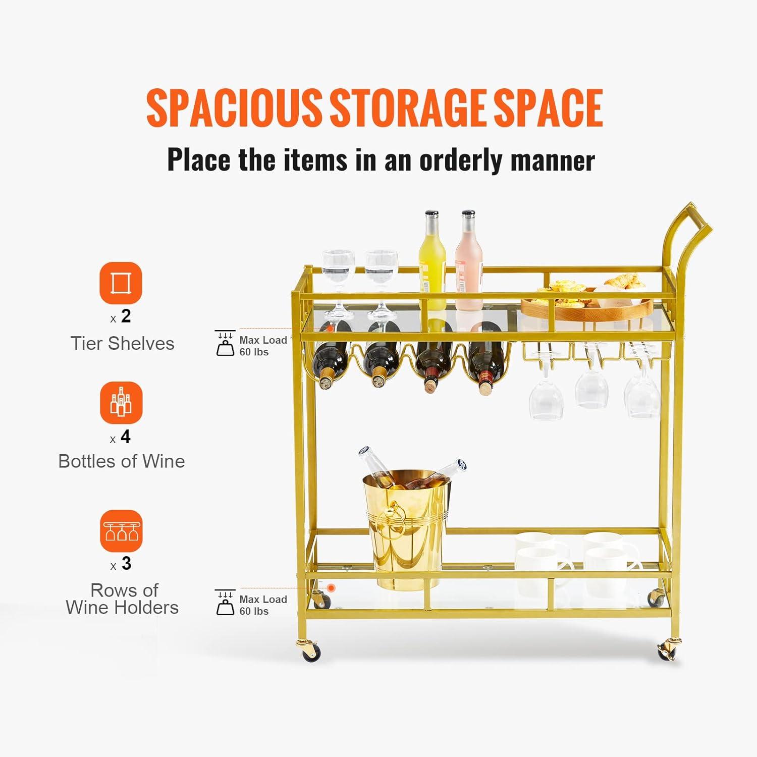 Gold Two-Tier Bar Cart with Wine Rack and Glass Shelves