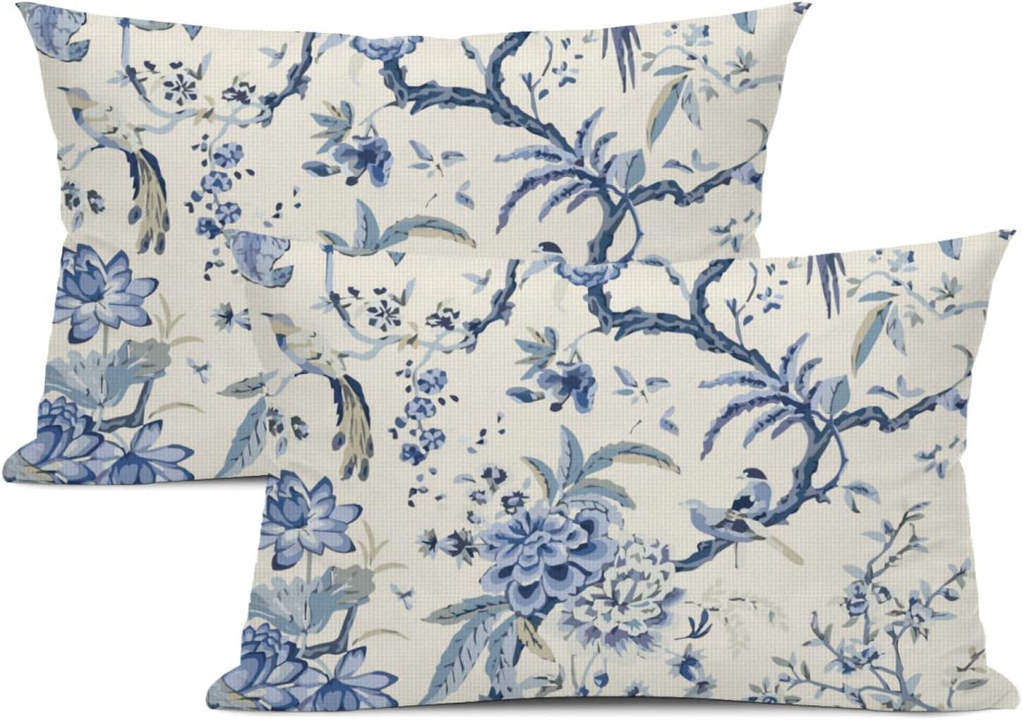 Chinoiserie Lumbar Pillow Covers 12 x 20 Set of 2 Birds Floral Linen Throw Pillow Cover Vintage White and Blue Farmhouse Decorative Pillowcases for Living Room Couch Bed Sofa Outdoor