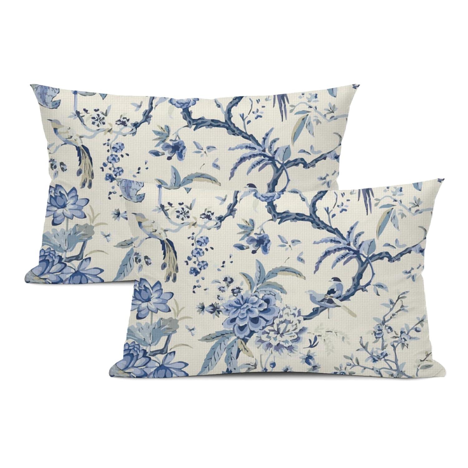 Chinoiserie Lumbar Pillow Covers 12 x 20 Set of 2 Birds Floral Linen Throw Pillow Cover Vintage White and Blue Farmhouse Decorative Pillowcases for Living Room Couch Bed Sofa Outdoor