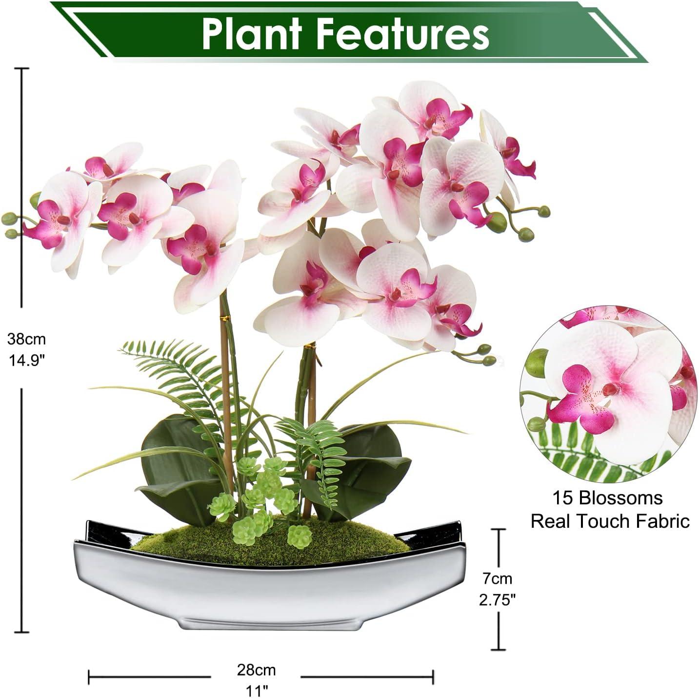 Orchids Artificial Flowers Potted 15" Light Pink Phalaenopsis Orchid with Silver Boat Pots Home Decoration