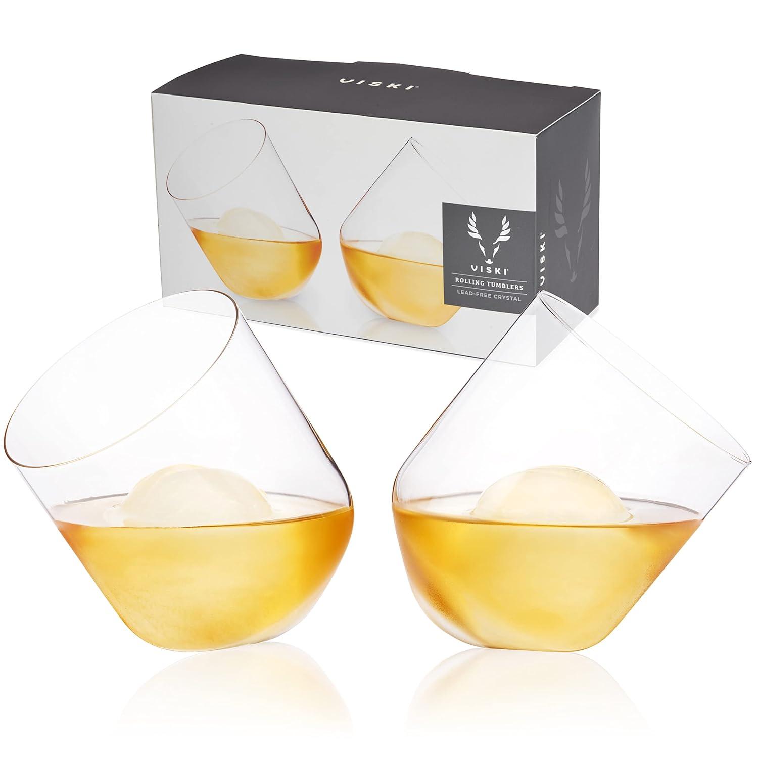 Viski Rolling Crystal Whiskey Tumblers Set of 2, Lead-Free Premium Crystal Clear Glass, Classic Lowball Cocktail Glasses, Scotch Glass Gift Set, 12 oz