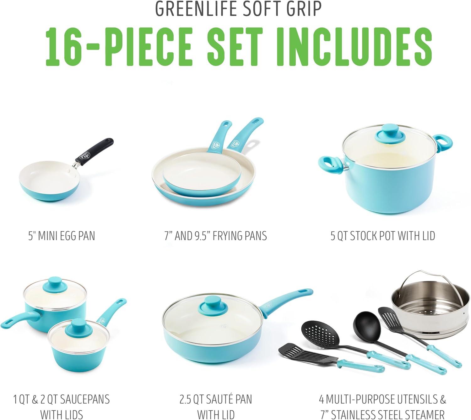 Caribbean Blue 16-Piece Nonstick Aluminum Cookware Set with Glass Lids