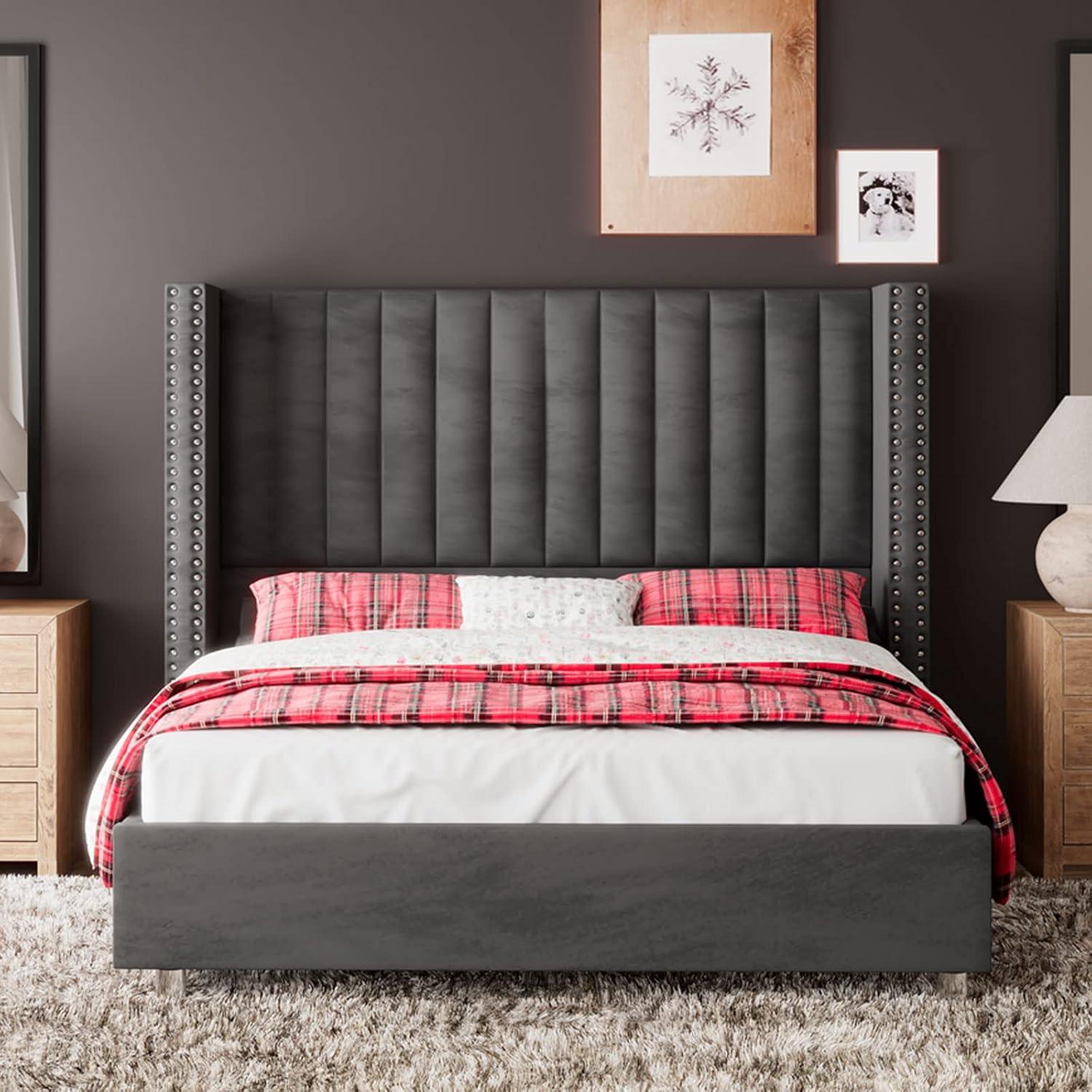 Queen Dark Gray Velvet Upholstered Platform Bed with Nailhead Trim