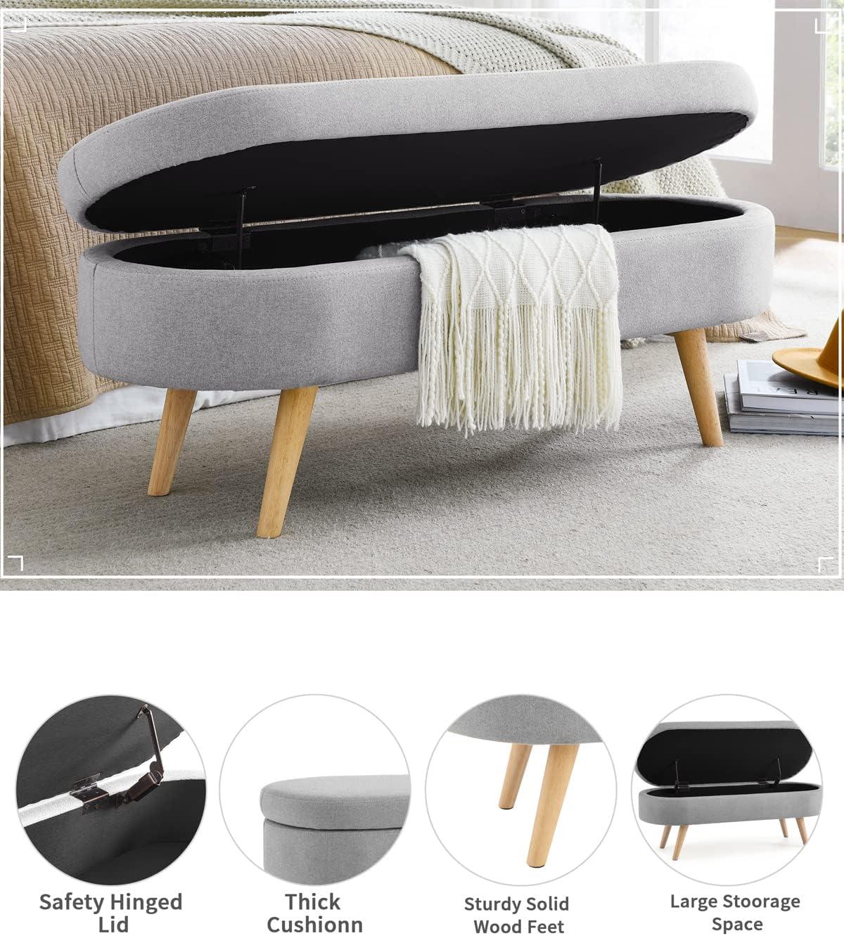 Sumdeal 43.5" Storage Ottoman Bench with 250lb Seating, Linen Upholstered Wood Legs Safety Hinge Flip Top Oval Foot Rest Long Stool for Sofa Couch Bedroom End of Bed Living Room Entryway, Grey