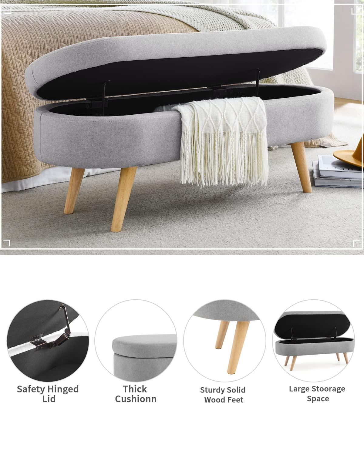 Sumdeal 43.5" Storage Ottoman Bench with 250lb Seating, Linen Upholstered Wood Legs Safety Hinge Flip Top Oval Foot Rest Long Stool for Sofa Couch Bedroom End of Bed Living Room Entryway, Grey