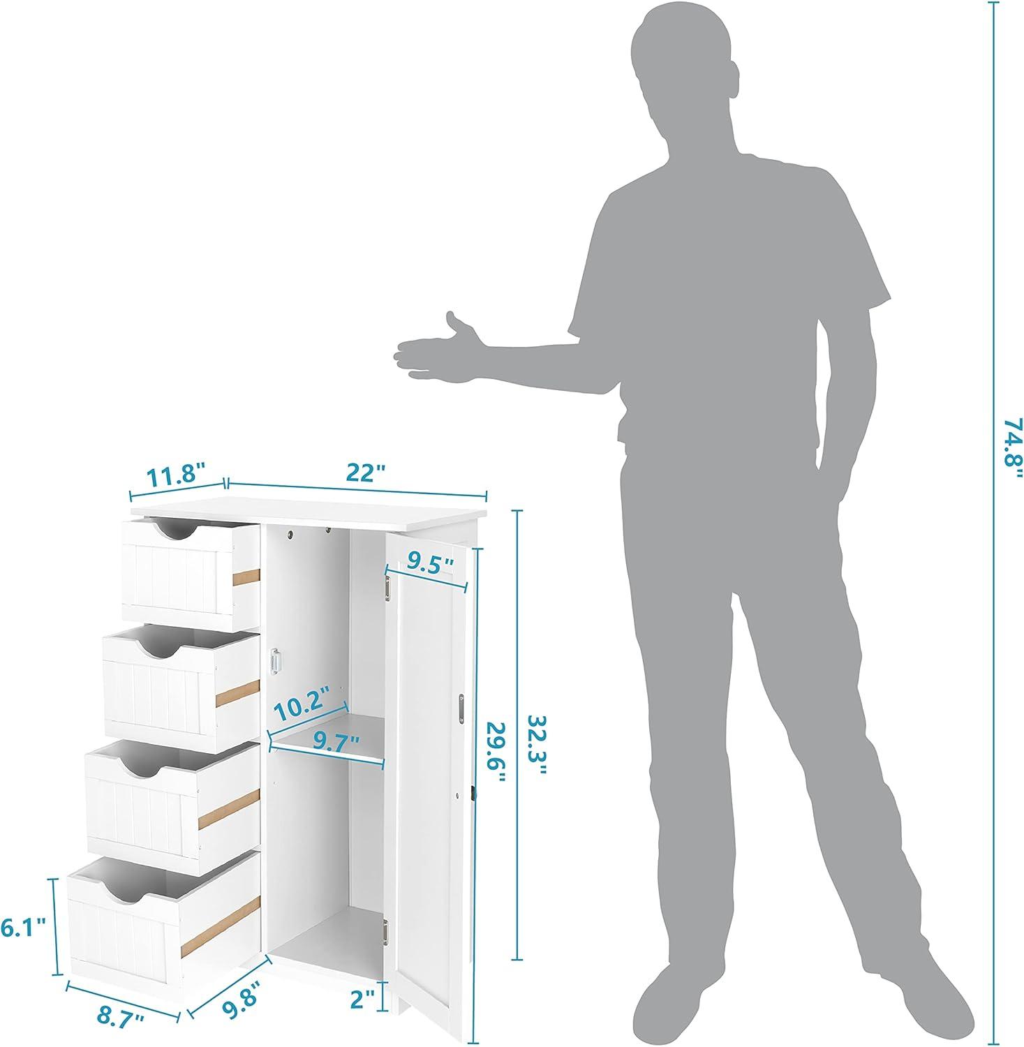 Bonnlo Small Storage Cabinet Wooden Bathroom Floor Cabinet Small Space Furniture White Side Storage Organizer with 4 Drawers and 1 Cupboard Adjustable Shelf 22" W x 11.8" D x 32.3" H