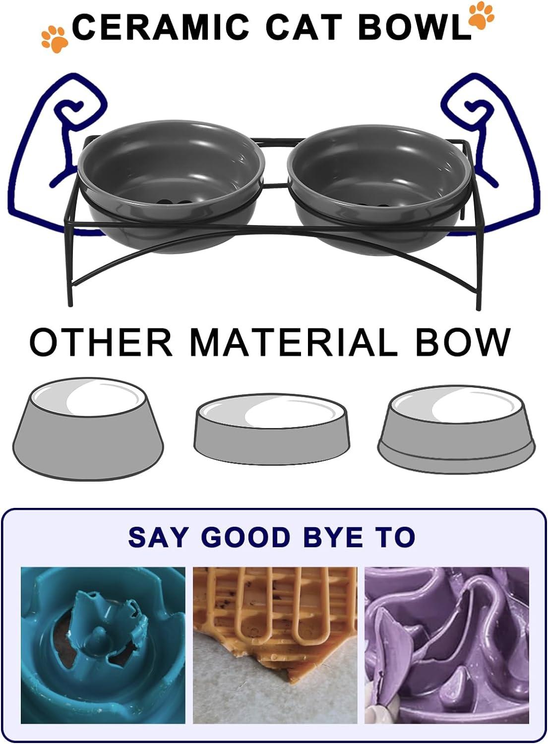 Y YHY Dog&Cat Food Bowls,12OZ Ceramic Raised Pet Bowls for Food and Water, Two Elevated Pet Dishes Bowls 2.75” Height Sturdy Metal Stand, Grey