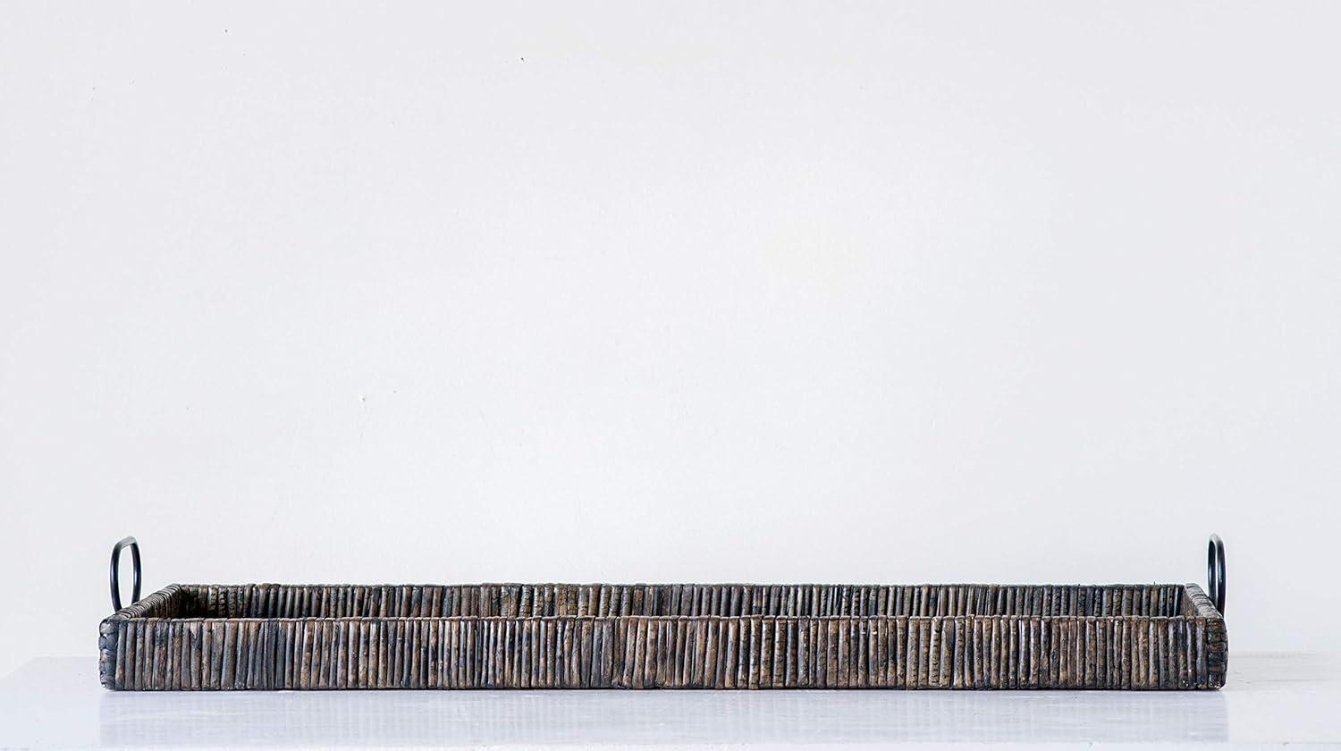 3R Studios Black Rattan and Wood Tray with Handles
