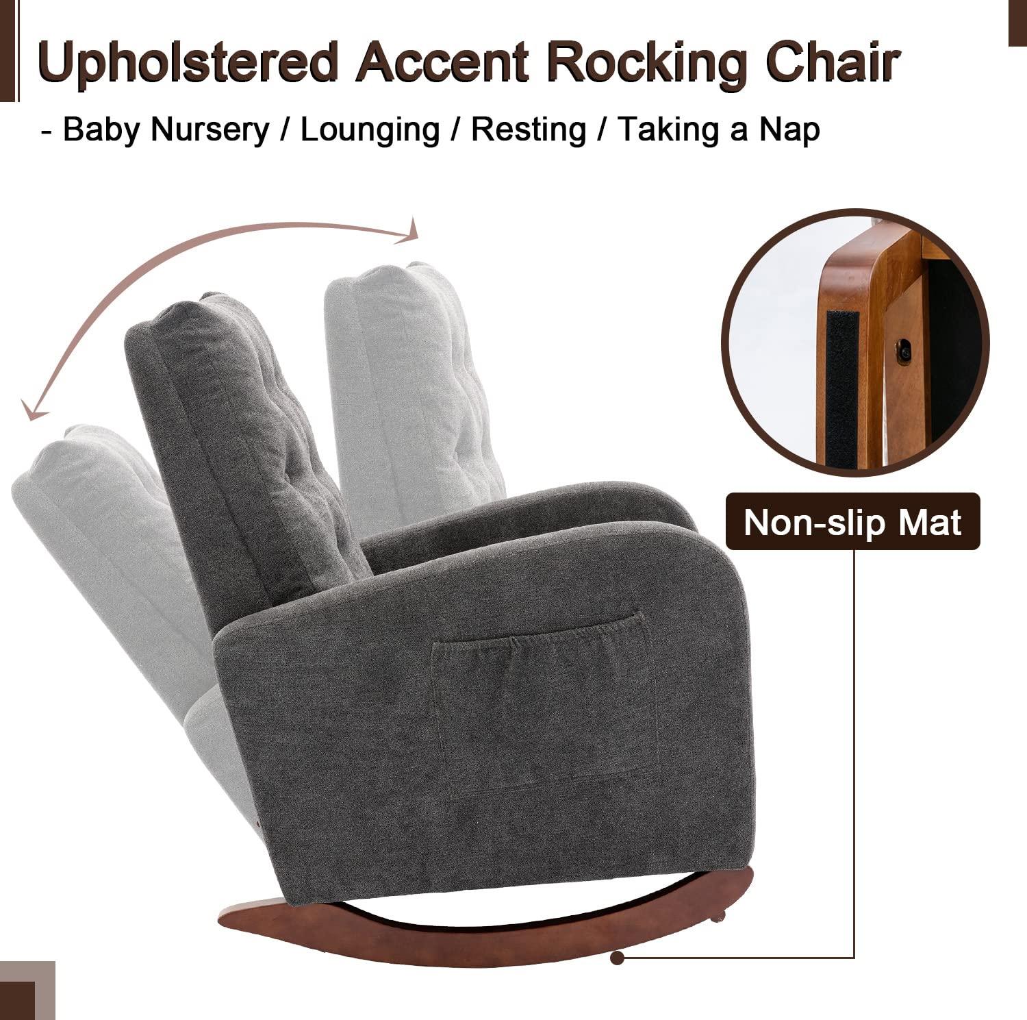 Antetek Modern Accent Rocking Chair, Upholstered Nursery Glider Rocker, Comfy Armchair with Side Pocket, Living Room Lounge Arm Chair, High Backrest with Decorative Buttons, Dark Grey