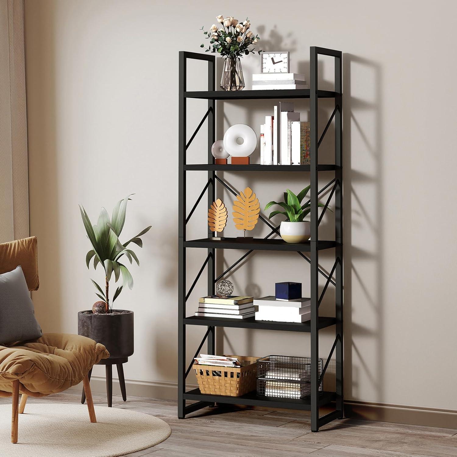 WedealFu Inc Roul Wood 5 Tiers Bookshelf Modern Bookcase Storage Rack Shelves Black