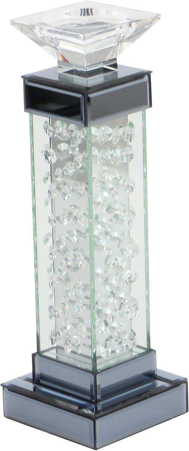 DecMode Silver Glass Pillar Candle Holder with Floating Crystals