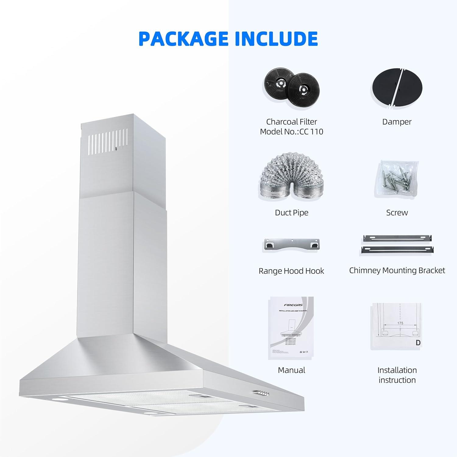 FIREGAS Range Hood 30 inch Wall Mount Type with Ducted/Ductless Convertible, 450 CFM Stainless Steel Chimney-Style Kitchen Hood, Over Stove Vent Hood with 3 Speed Fan, LED Light, Charcoal Filters