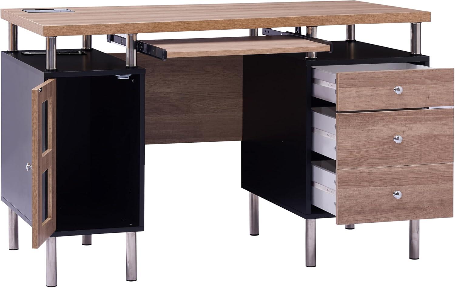 Black and Natural Wood Writing Desk with Drawers, Power Outlets, and USB Ports