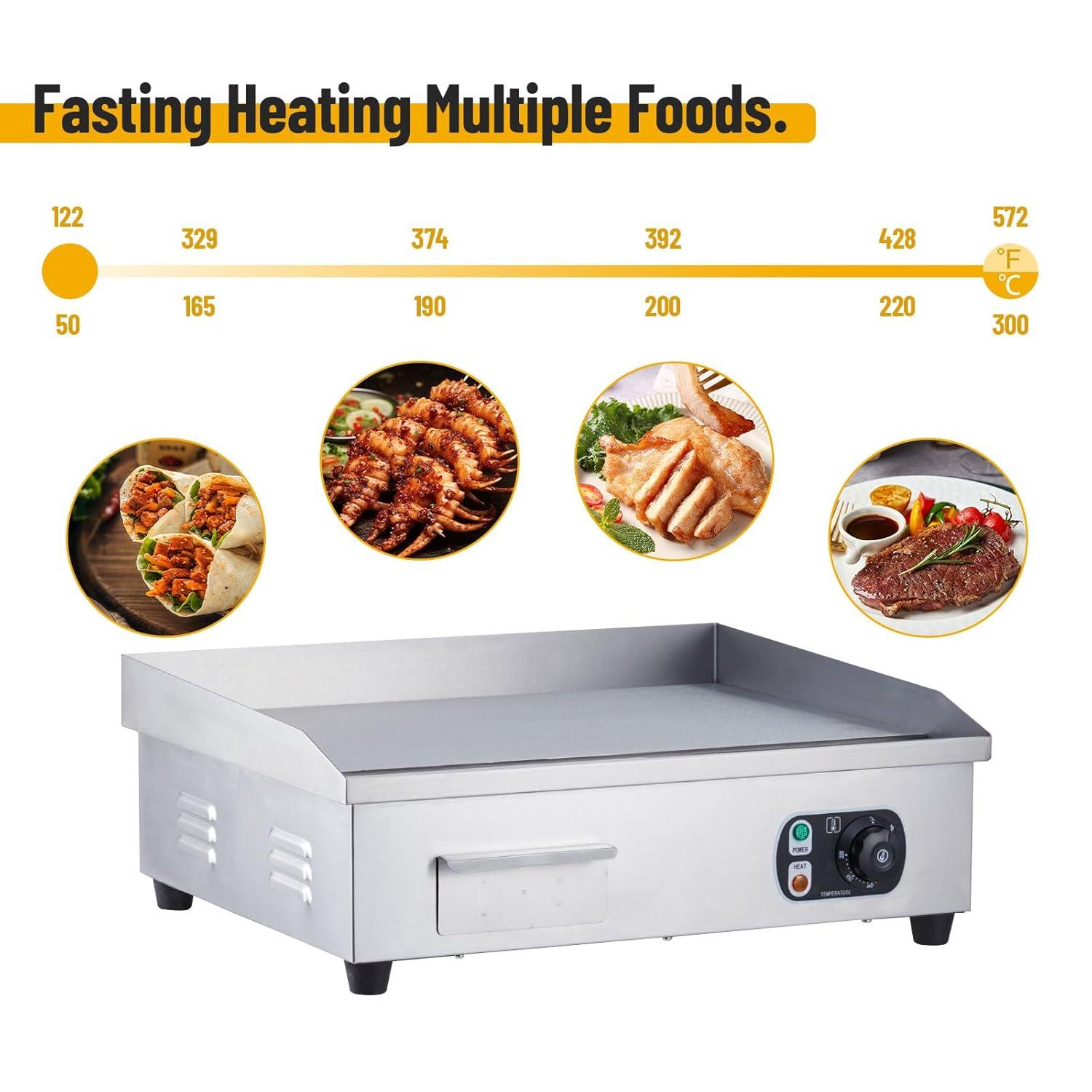 Commercial Electric Griddle with Adjustable Thermostatic Control 122°F-572°F Electric Countertop Flat Top Griddle 110V 60HZ Non-Stick  Teppanyaki Stainless Steel Grill for Home Restaurant