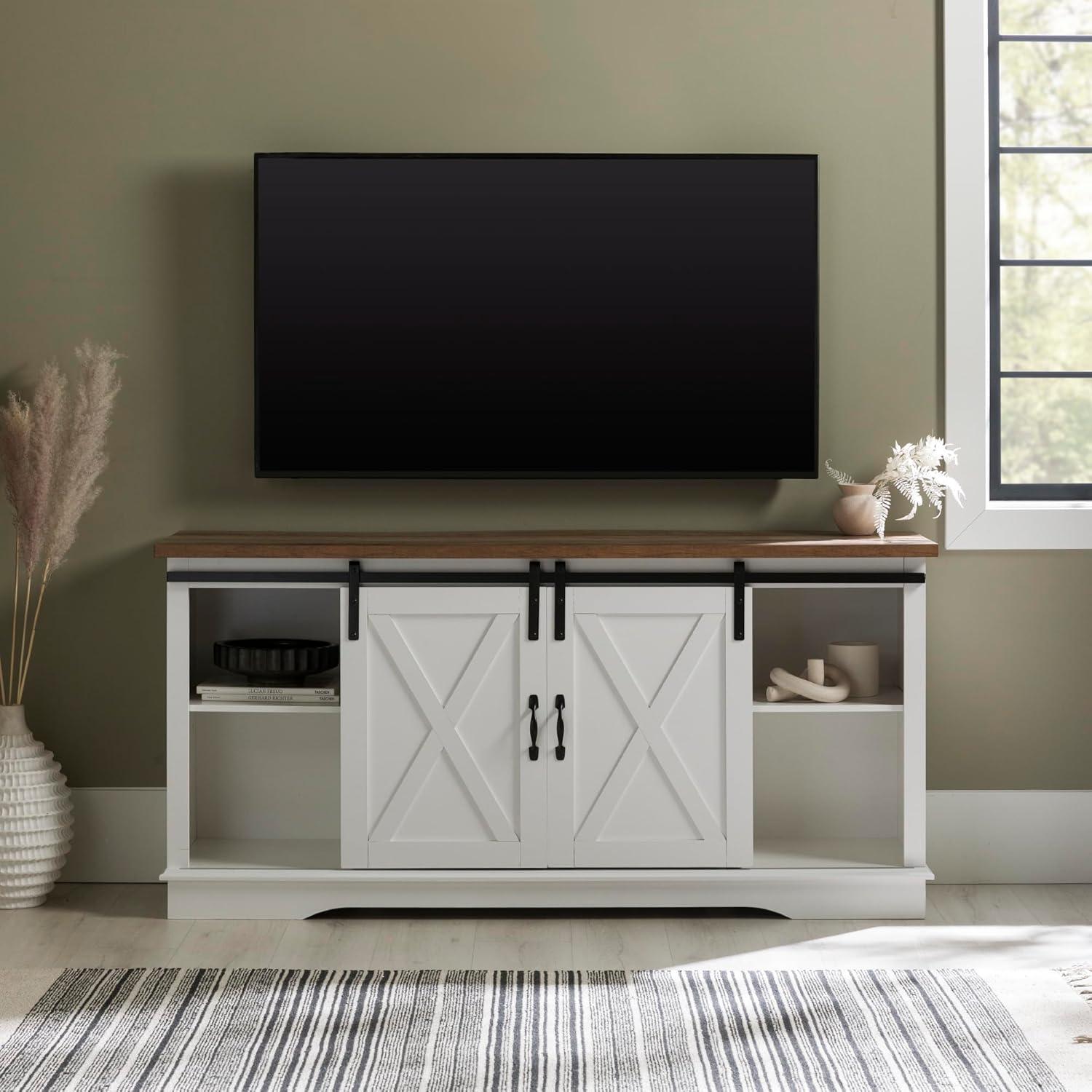Walker Edison Farmhouse Sliding Barn Door TV Stand for TVs up to 65", White/Reclaimed Barnwood