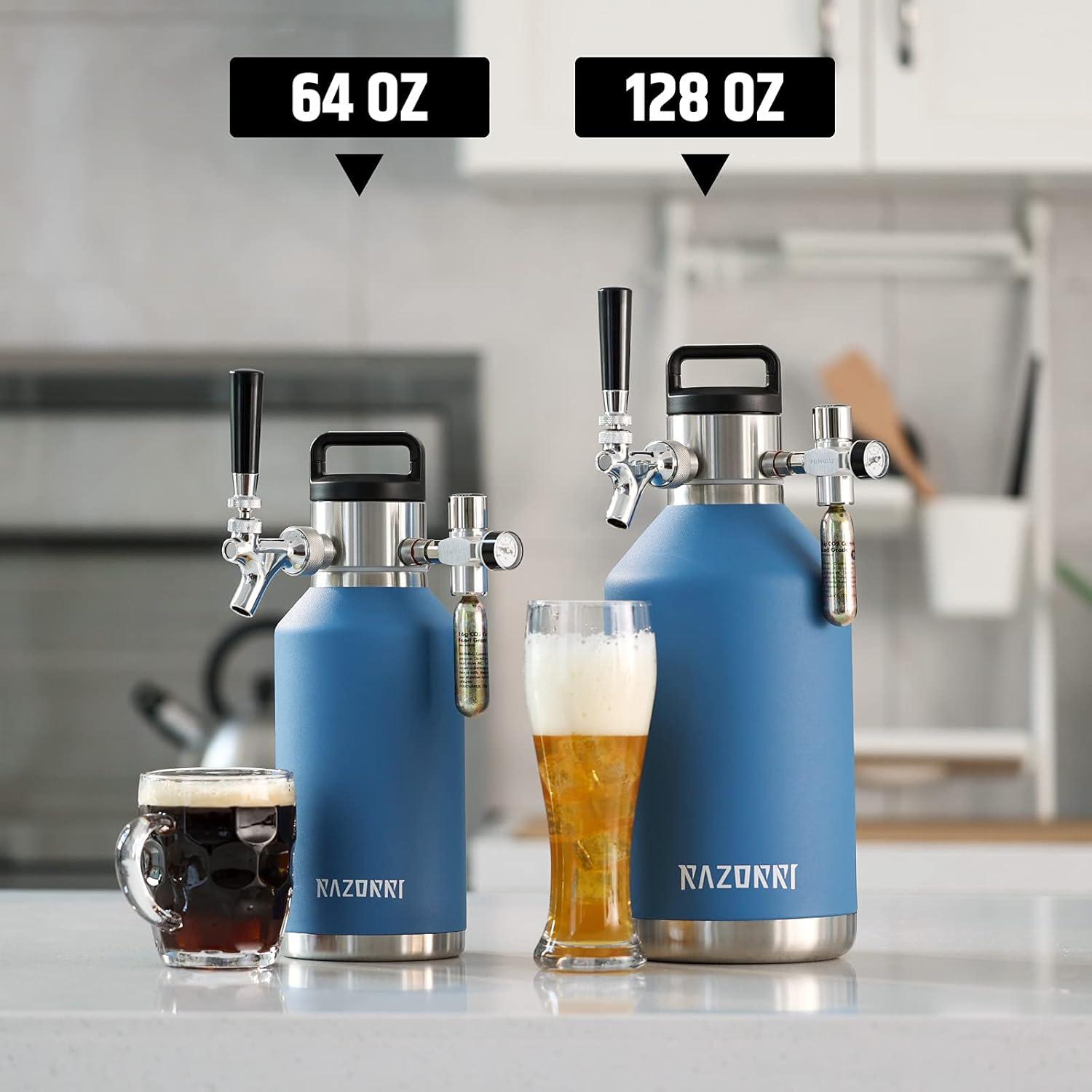 Razorri Engorde de Cerveza de Acero Inoxidable de 64 Oz, Barril Carbonatado con Aislamiento Al Vacío de Doble Pared con Grifo de Barra Profesional y Regulador de CO2 a Presión, 0,5 Galones, Azul Océano