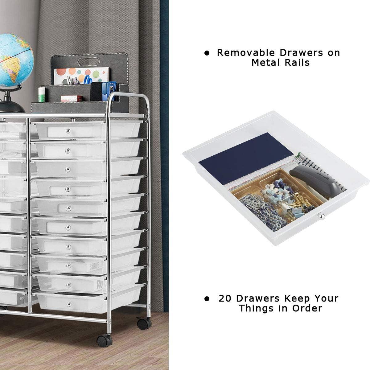 20-Drawer Organizer Cart Office School Storage Cart Rolling Drawer Clear