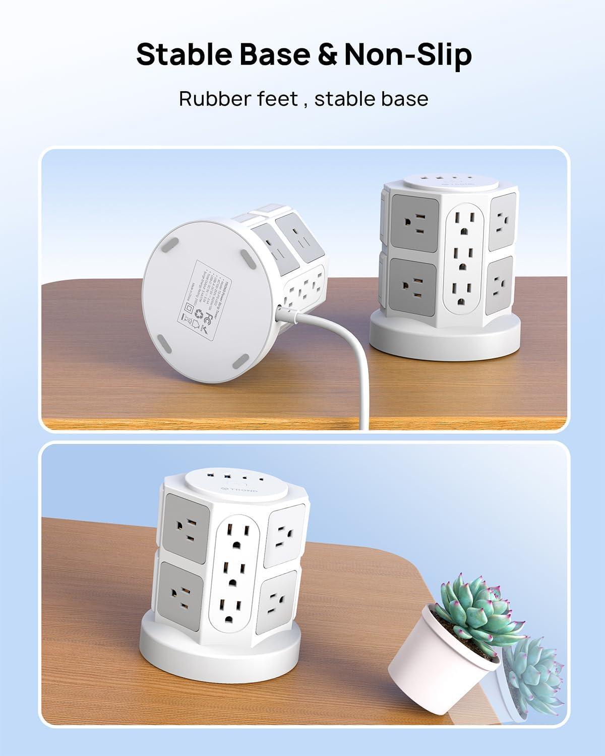 White and Gray Tower Surge Protector Power Strip with USB Ports