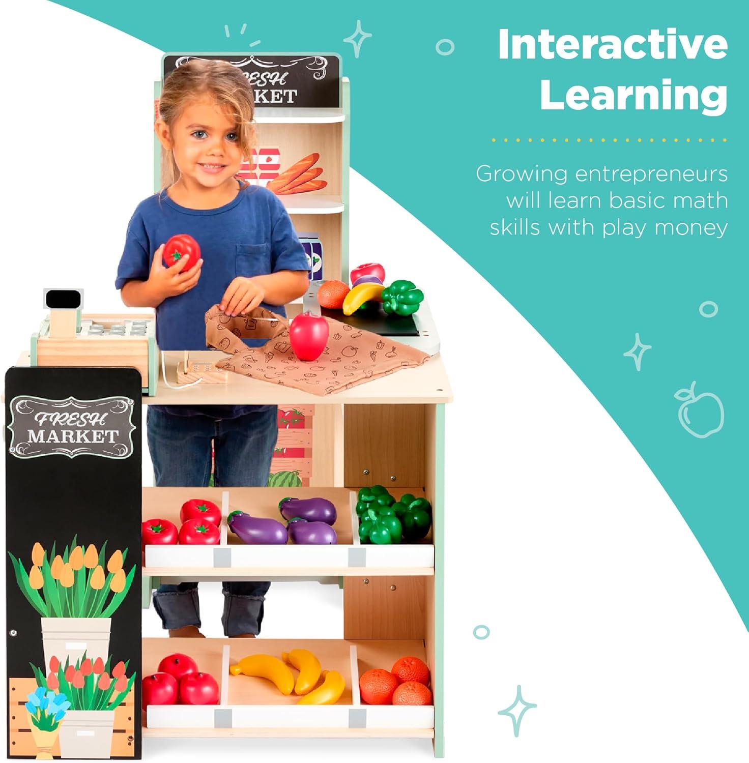 Best Choice Products Kids Pretend Play Grocery Store Wooden Supermarket Set w/ Chalkboard, Cash Register - Natural