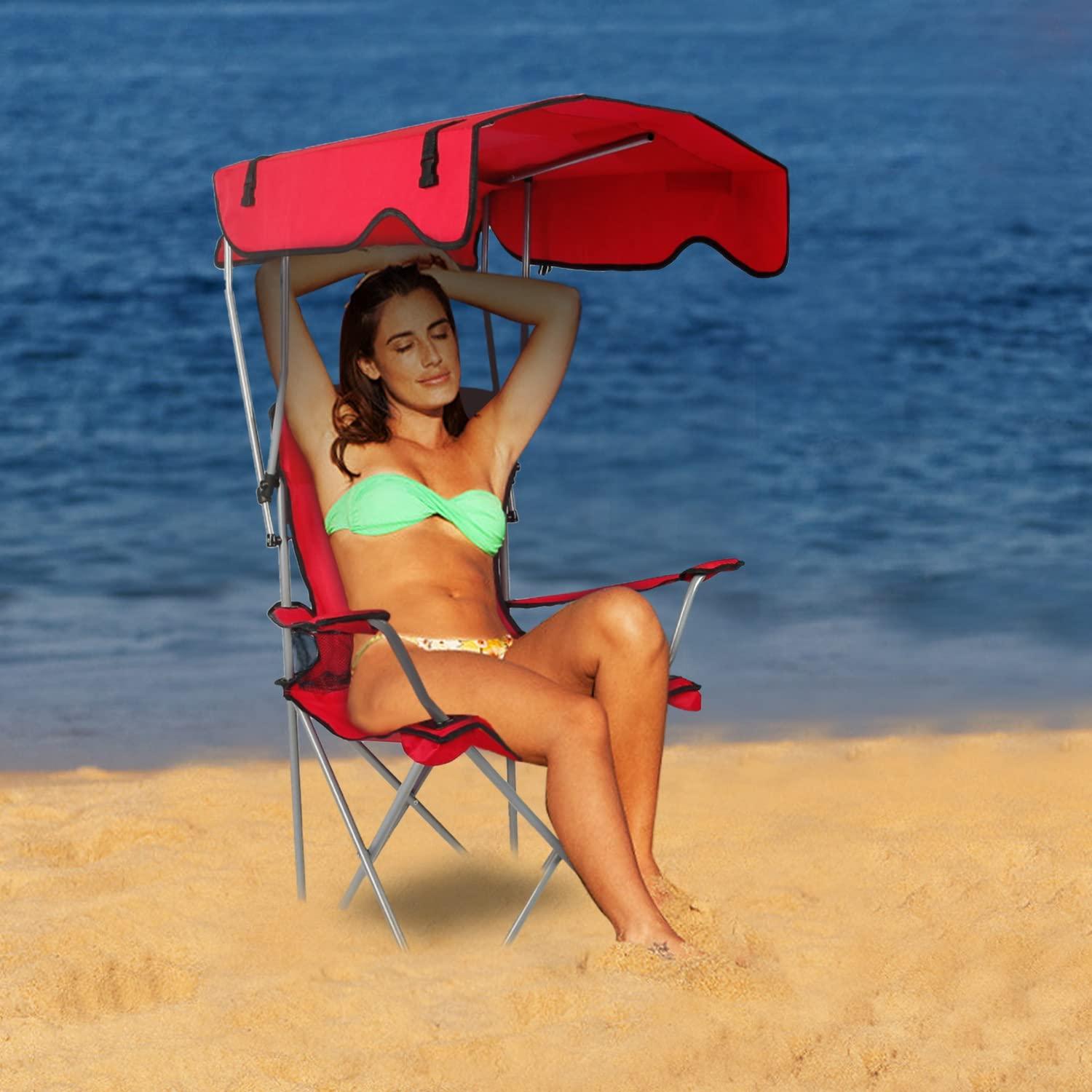 LakeForest"Foldable Beach Canopy Chair with Sun Protection, Cup Holder, and 330lbs Capacity for Outdoor Activities"Red