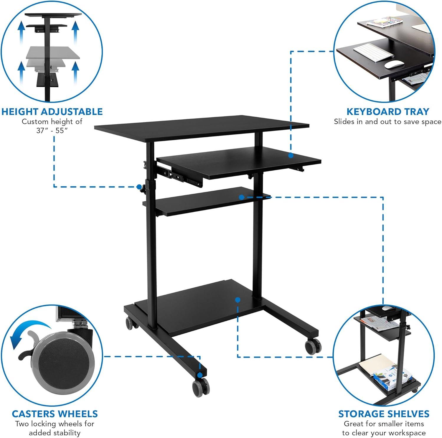 Mount-It! Height Adjustable Mobile Standing Desk with Retractable Keyboard Platform & Locking Wheels