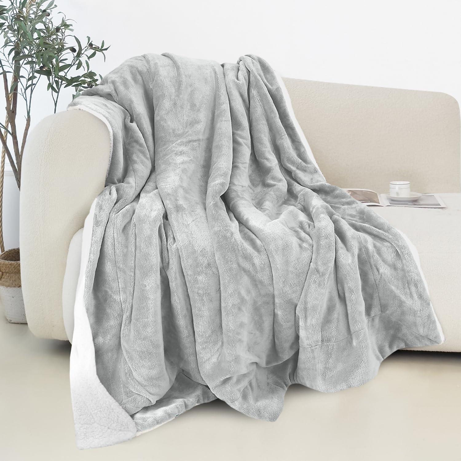Elegant Comfort Throw Blanket, Reversible Sherpa Flannel, Soft, Fuzzy, Cozy and Plush- All season Lightweight Decorative Throw, 50 x 60 inches, Solid Sherpa Throw, Silver Gray