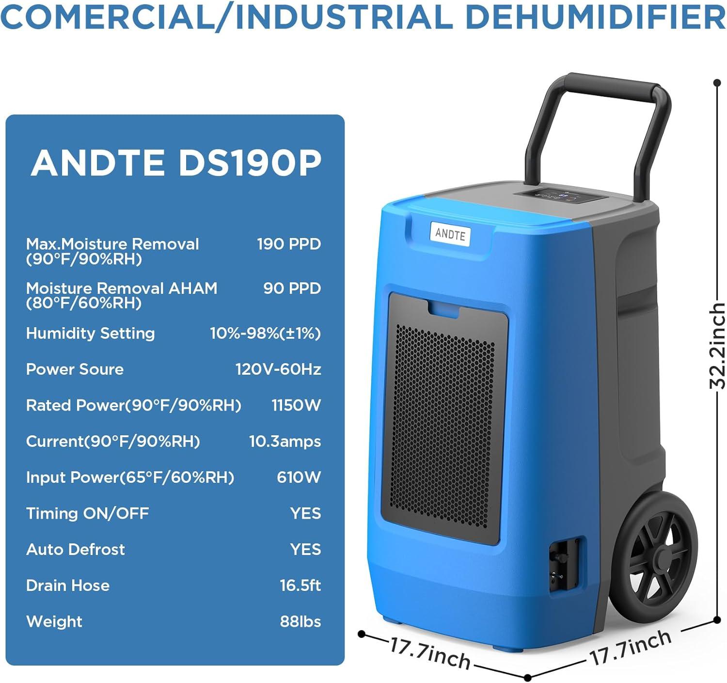 ANDTE 190 Pints Blue Commercial Dehumidifier with Pump