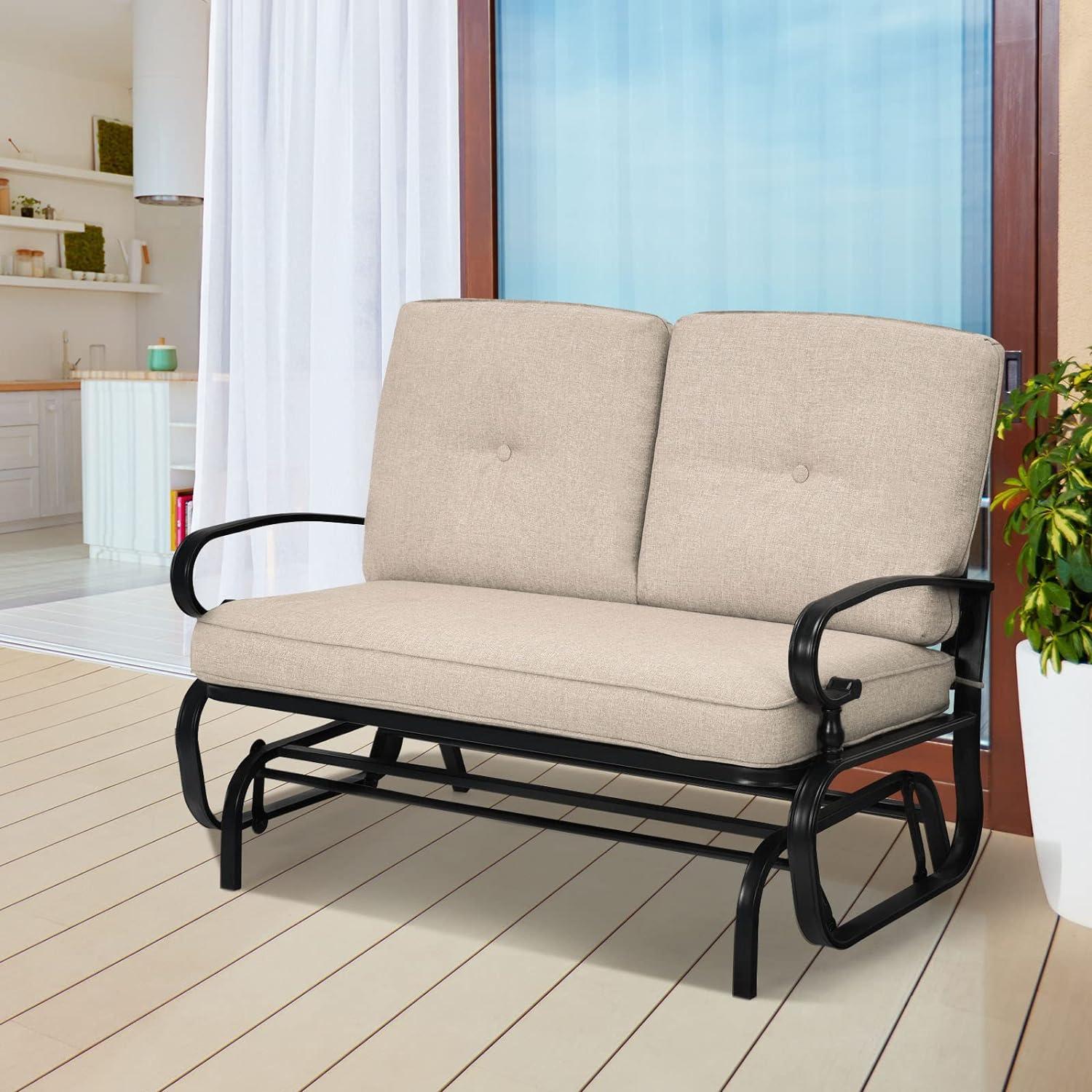 Elegant Black Steel Outdoor Glider Bench with Cushioned Seat, Beige