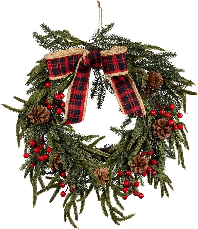 24-Inch Green and Red Pinecone Christmas Wreath with Ribbon