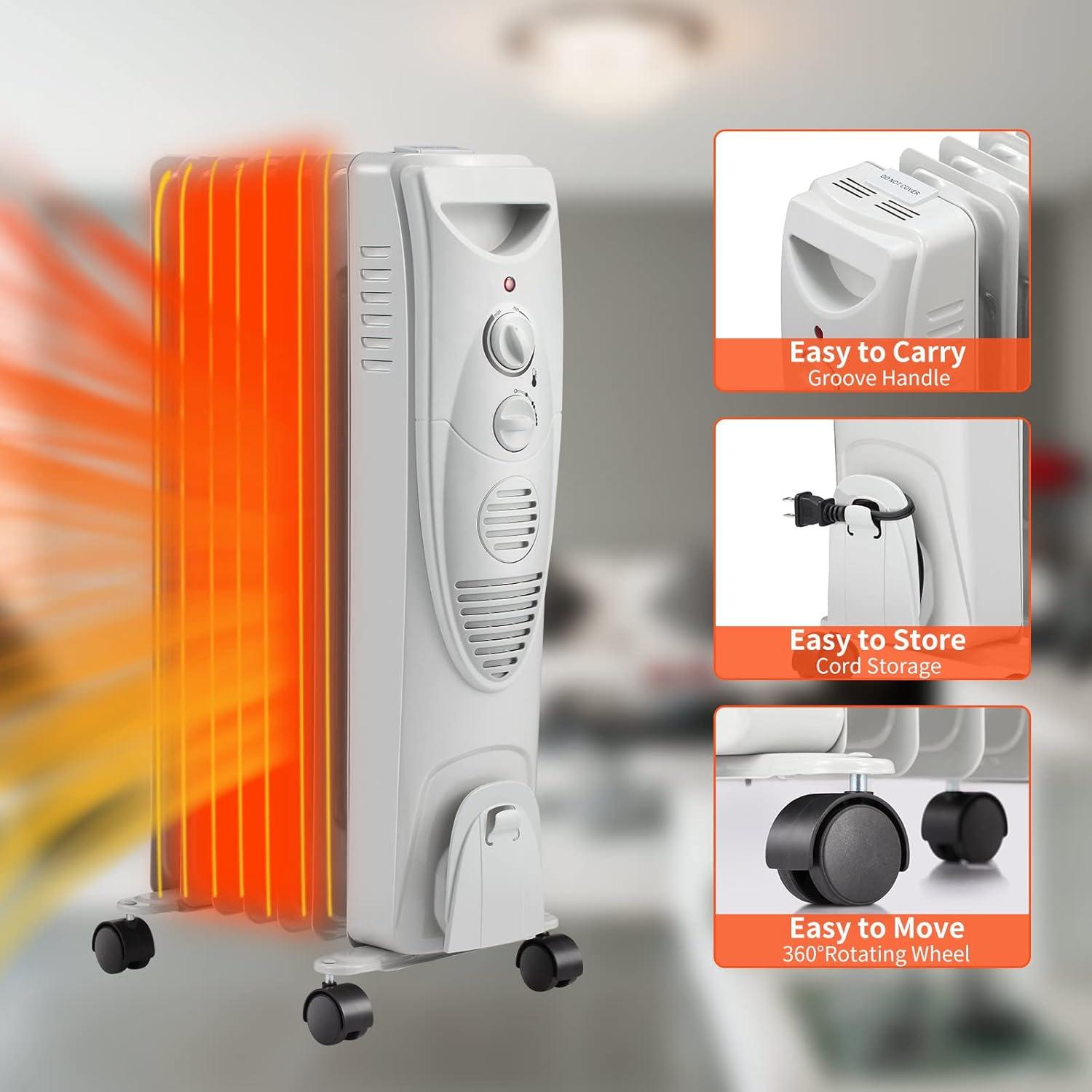 ZAFRO Oil Filled Radiator Heater, 1500W Portable Space Heater with Adjustable Thermostat, Oil Heater with 3 Heat Settings, with Tip-Over & Overheat Protection for Indoor, Room, Office and Home Grey