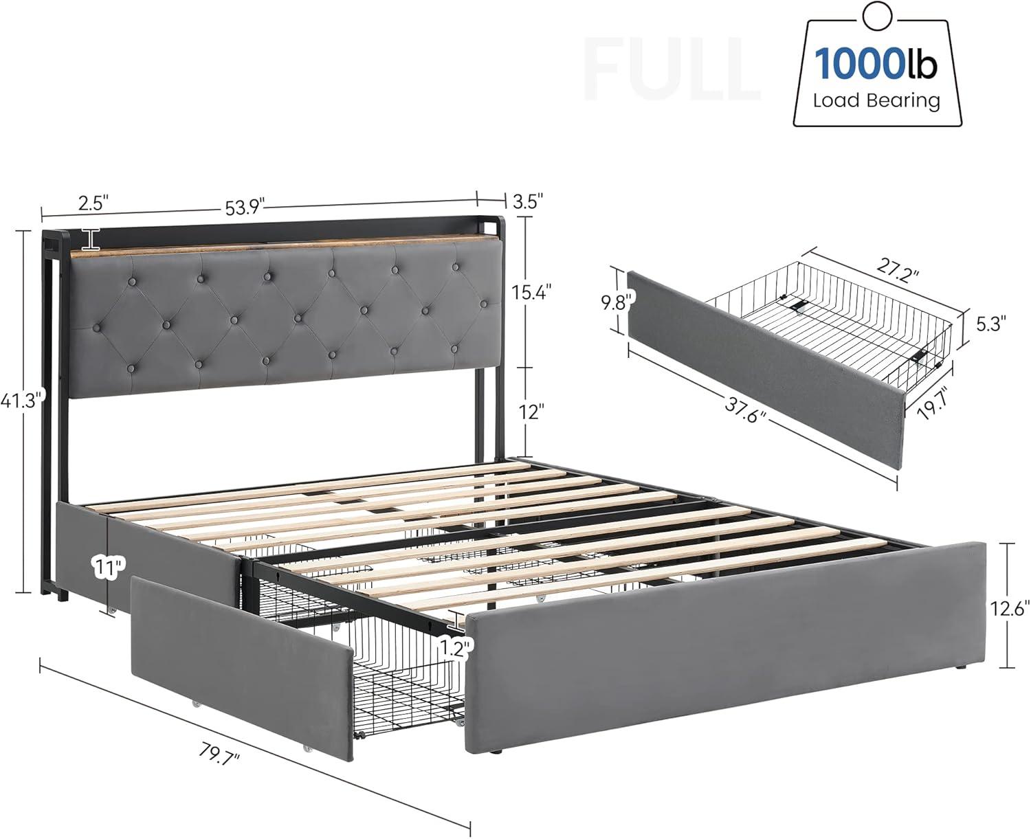GarveeHome Full Size Bed Frame with 4 Storage Drawers and Charging Station, Upholstered Velvet Platform Bed Frame with Storage Headboard and Sturdy Wooden Slats Support, No Box Spring Needed