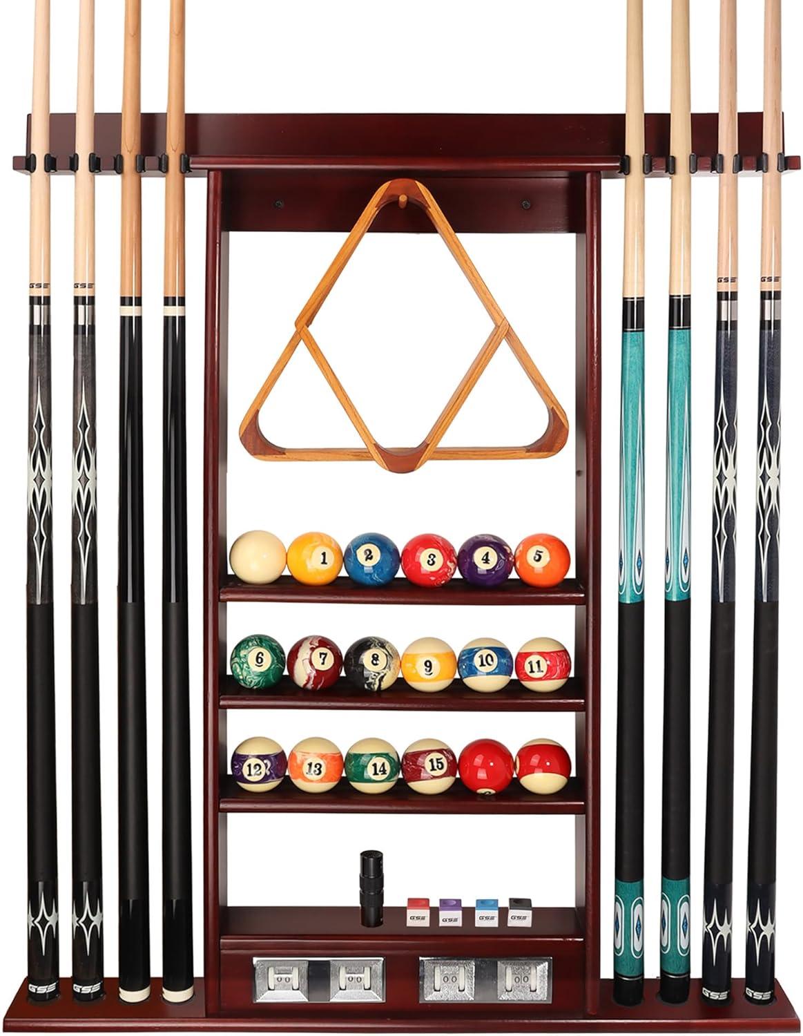 GSE Games & Sports Expert Pool Cue Stick Hanging Wall Mounting Rack with Score Counter, Cue Rack Only. Holds 8 Pool Cue Stick, Billiard Ball and Ball Rack - Mahogany