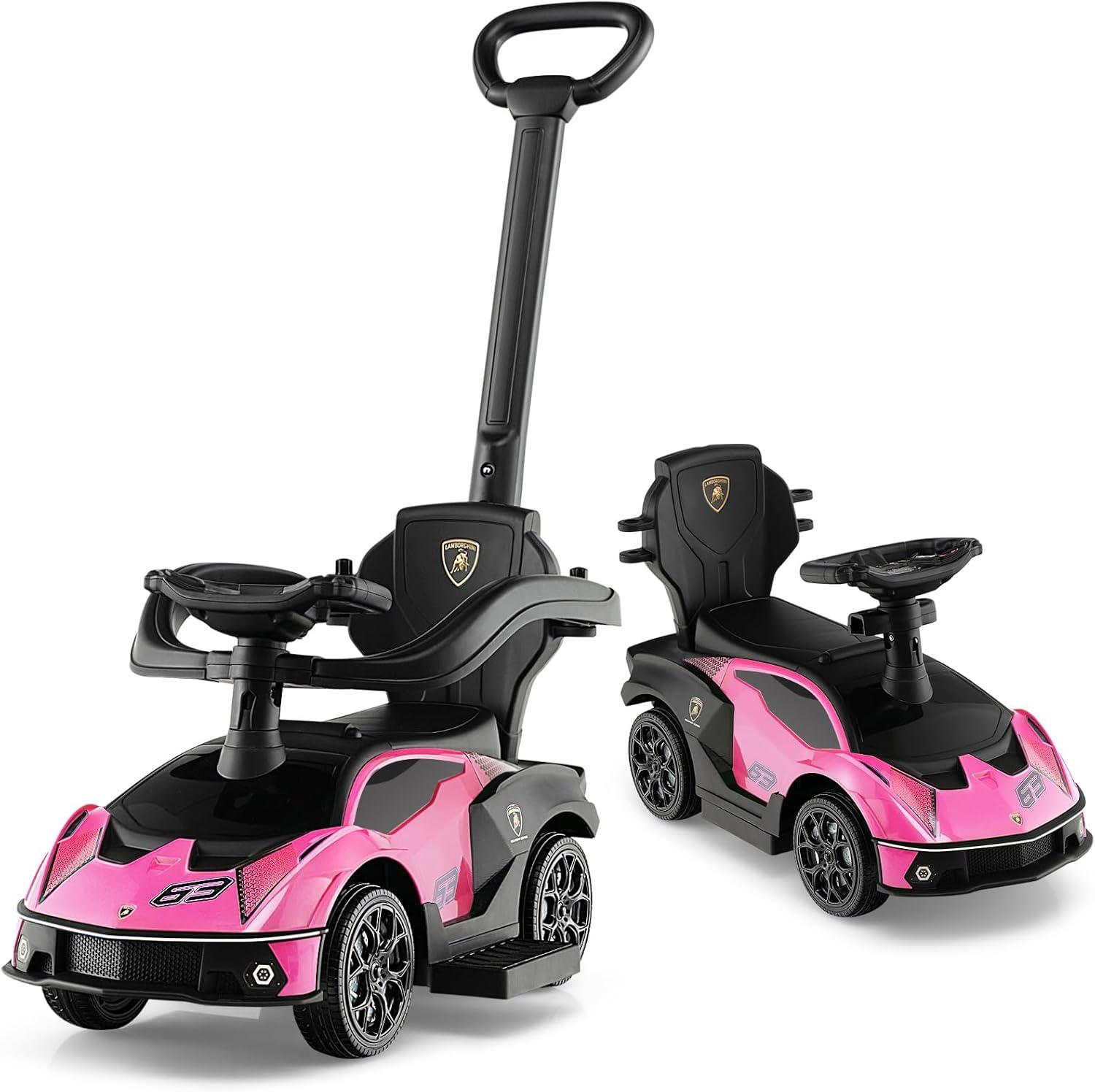 Costway 3-in-1 Licensed Lamborghini Ride on Push Car Stroller Sliding Car w/ Sound Pink