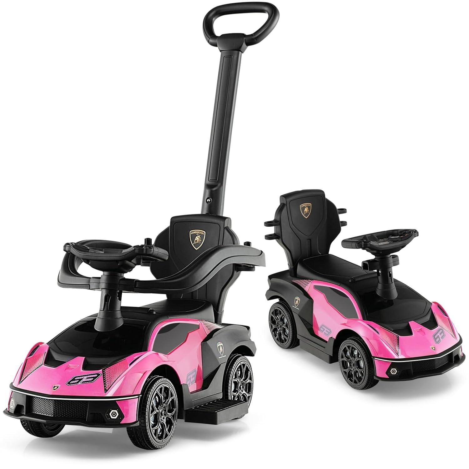 Costway 3-in-1 Licensed Lamborghini Ride on Push Car Stroller Sliding Car w/ Sound Pink