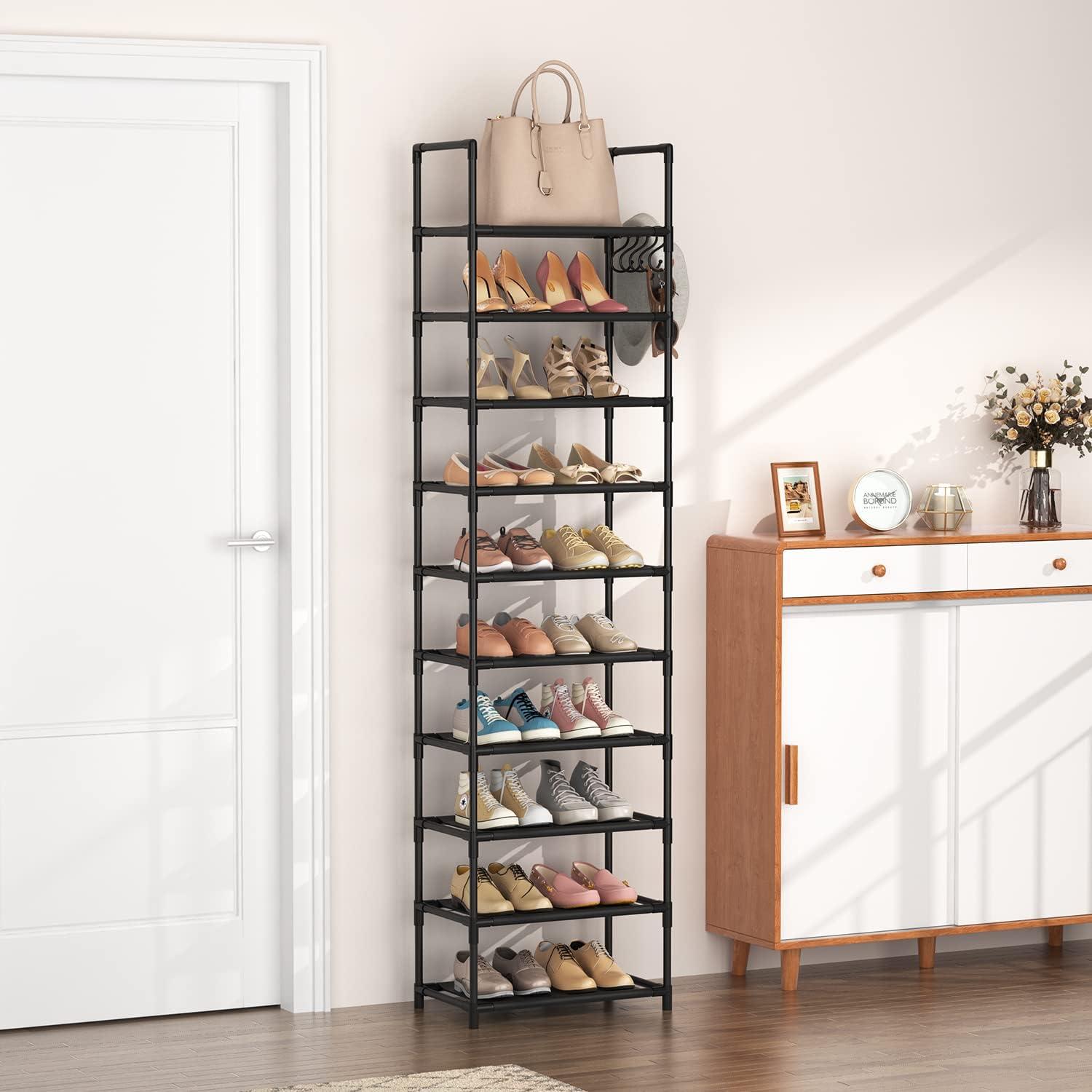 Shoe Rack Organizer, 10 Tier Tall Shoe Rack for Closet Entryway - Holds 20-25 Pairs with Hooks